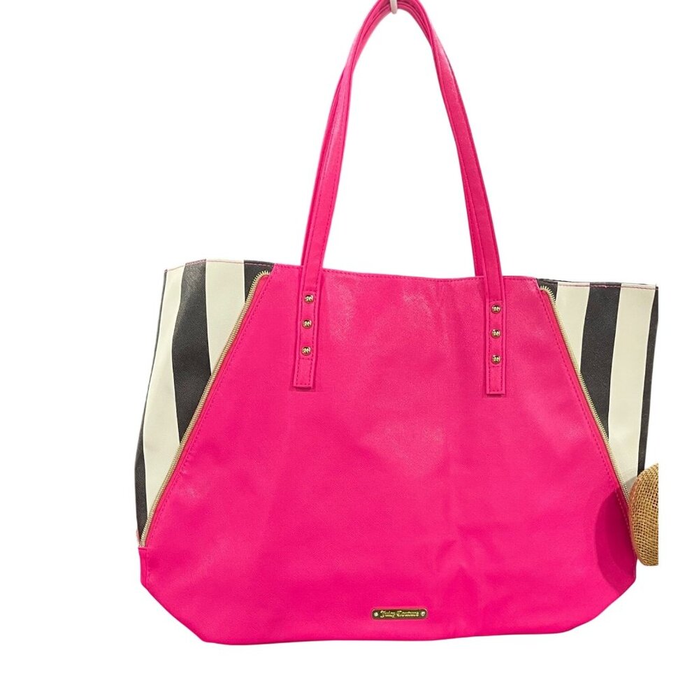 Juicy Couture Pink & Black Striped Tote Bag With Gold Stud Accents